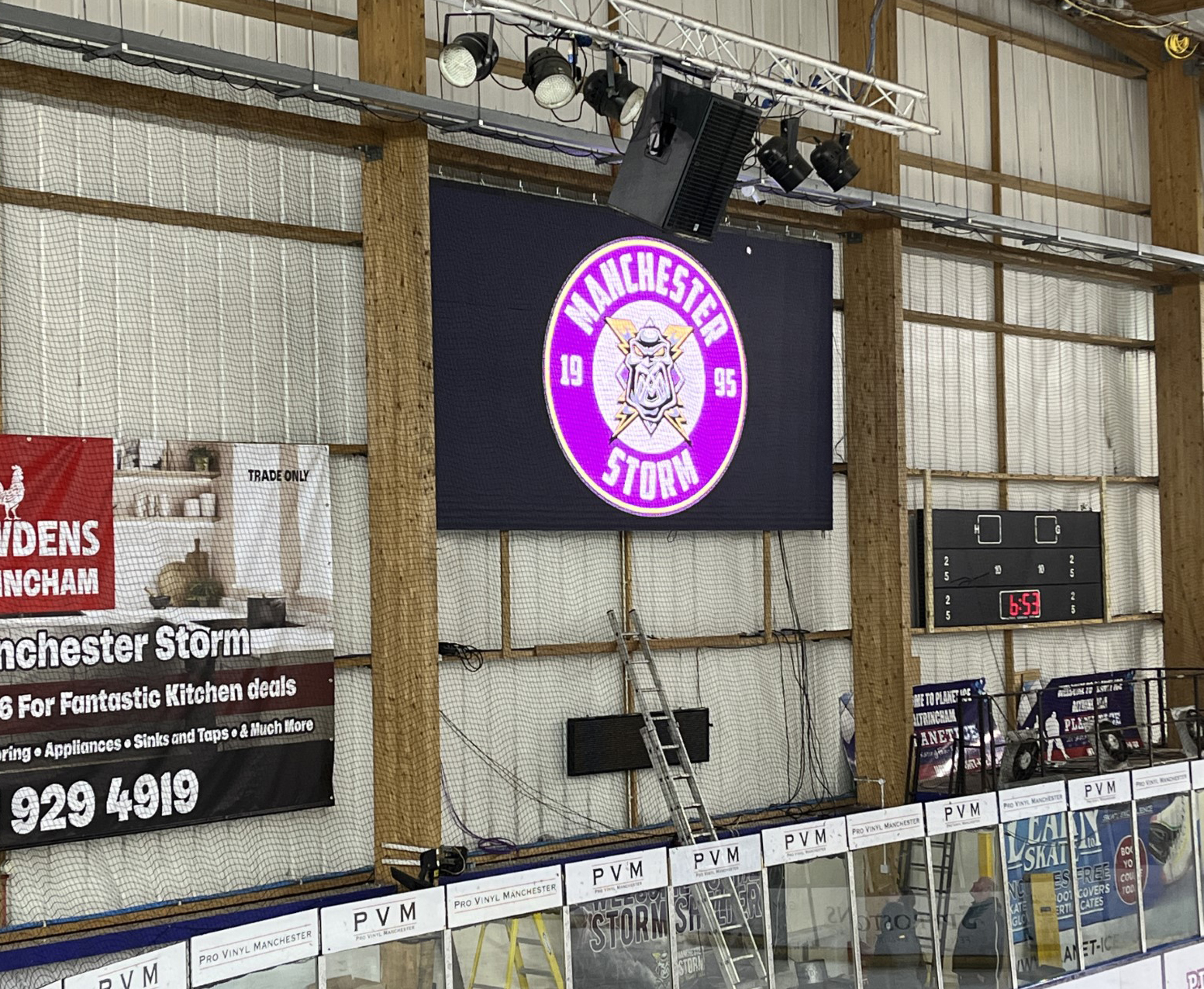 large screen installation at Altrncham Ice Areana - showing installed screen on the wall